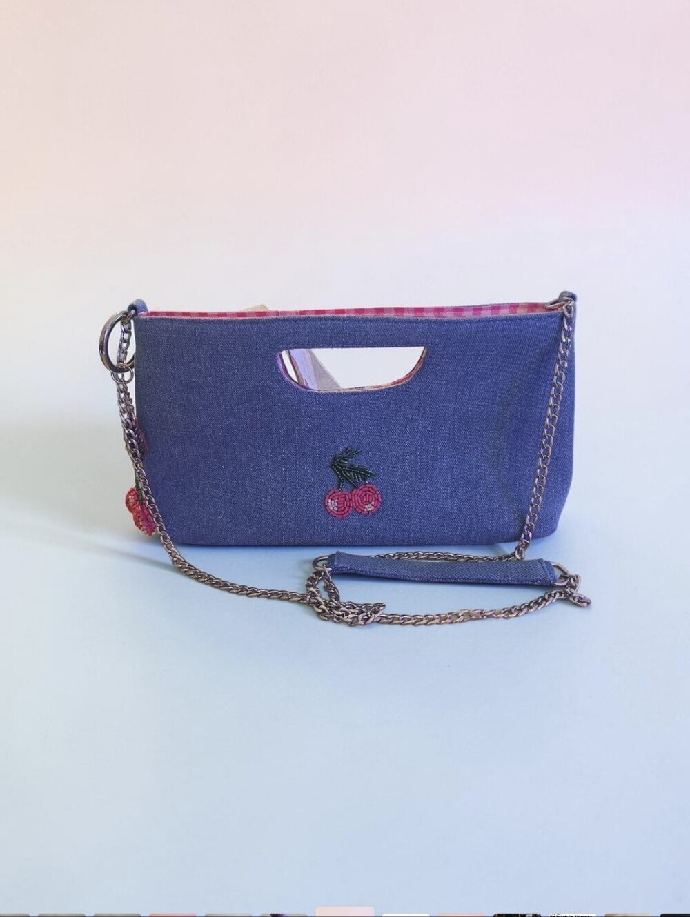 India Hand-made NWT Denim Cherry Embroidered Crossbody Bag - Blue - Picture 3 of 5